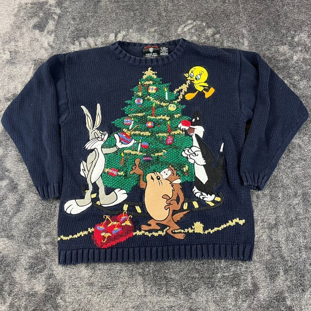 Vtg Warner Bros Eagles Eye Chunky Knitted Looney Tunes Christmas Sweater Sz M*